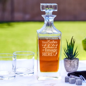 Custom Engraved Decanter Set - Logo or Personalized Text on Whiskey Decanter, 2 Matching Whiskey Glasses, Company Gift, Design: CUSTOM