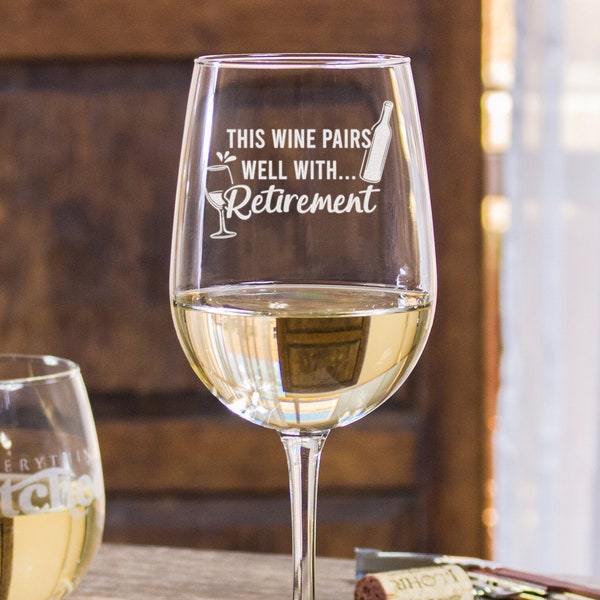 Celebratory Retirement Wine Glass, Option to Add Custom Backside Text, Gifts for Retirees, Retirement Present, Design: RETIRED5