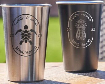 Personalized Vacation Stainless Pint Cups | Etched Metal Cups for Beach Party | Custom Gifts for Family Cruise, Design: FM13