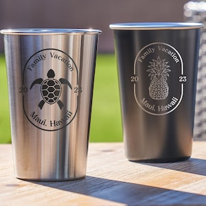 Personalized Vacation Stainless Pint Cups | Etched Metal Cups for Beach Party | Custom Gifts for Family Cruise, Design: FM13