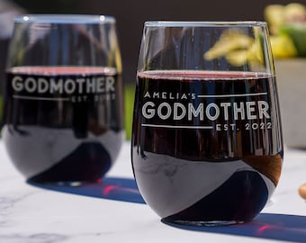 Personalized Godmother Wine Glass - Gift for a Godmother, Godmom Stemless Wine, Godmother Gifts, Baptism Gifts, Design: GDMA1