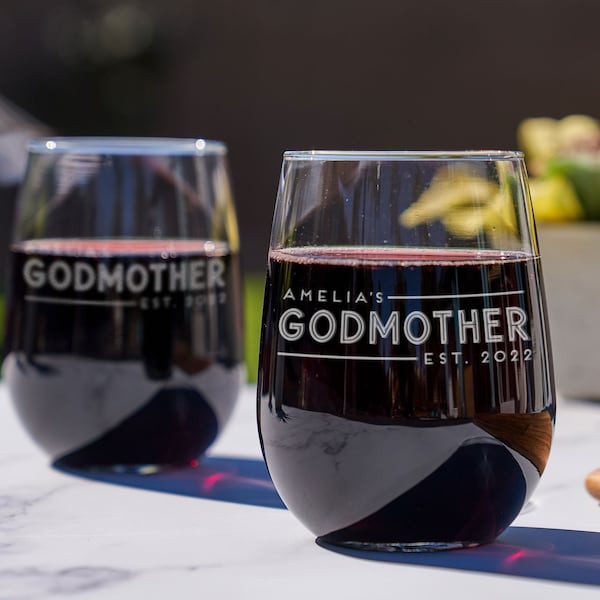 Personalized Godmother Wine Glass - Gift for a Godmother, Godmom Stemless Wine, Godmother Gifts, Baptism Gifts, Design: GDMA1