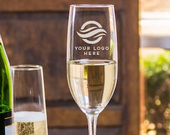 Custom Logo Champagne Glass - Branded Champagne Glasses | Company Gifts | Corporate Gifts | Company Holiday Party, Design: LOGO