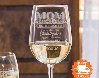 Etched Mom Wine Glass - Mom Established Wine Glass, Sentimental Gifts for Mom, Gift for Grandma, Names and Birthdays, Design: MOMEST