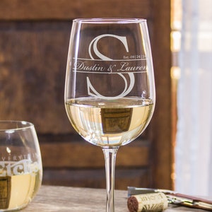 Personalized White Wine Glasses - Etched Monogram Wine Glasses, Personalized Gifts for Couples, Design: K3