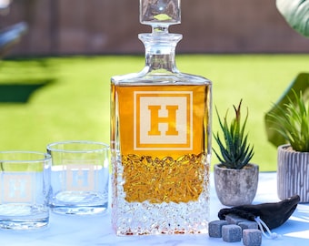 Etched Initial Whiskey Decanter - Personalized Engraved Decanter, Unique Gift for Dad, Brother, Husband, or Boyfriend, Design: INITIAL1