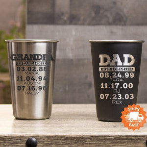 Dad Est. Stainless Steel Cup - Personalized up to 5 Kids Names, Custom Gifts for Dads, Gifts for Grandpa, Camping Cups, Design: DADEST