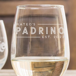 Personalized Padrino Wine Glass, Padrino Stemless Wine Glass, Regalo Para Padrino, Bautismo Gift, Padrinos Gift, Design: GDPA2