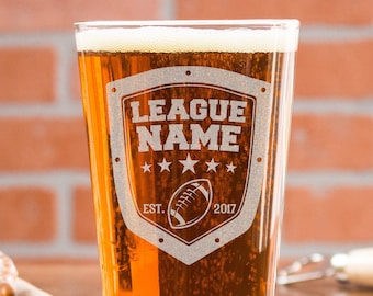 Fantasy Football Beer Glass - Etched Pint Glass for Fantasy League, Custom Etched with League or Team Name, Gifts for Him, Design: FF1