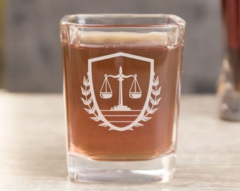 Justice Scales Lawyer  Shot Glass, Option to Add Custom Text on Backside, Law School Gift, Bar Exam Celebration Gift, Design: LAW1
