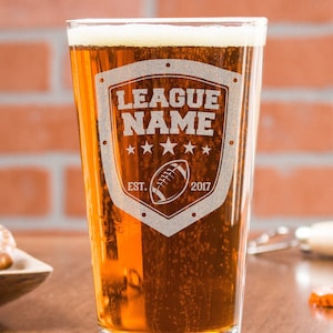 Fantasy Football Beer Glass - Etched Pint Glass for Fantasy League, Custom Etched with League or Team Name, Gifts for Him, Design: FF1