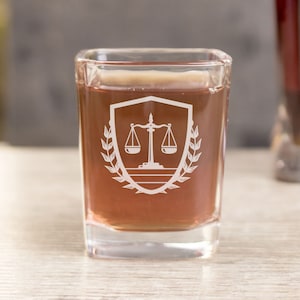 Justice Scales Lawyer  Shot Glass, Option to Add Custom Text on Backside, Law School Gift, Bar Exam Celebration Gift, Design: LAW1