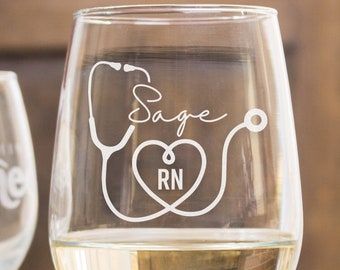 Personalized Stethoscope Wine Glass | Custom Name and Title | Etched Gift for Nurses | Med School Gifts | Doctor Gifts, Design: MED1