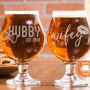 His and Hers Beer Glasses - Unique Wedding Gift, Tulip Belgian Glasses for Anniversary, Husband & Wife, Design: HH1