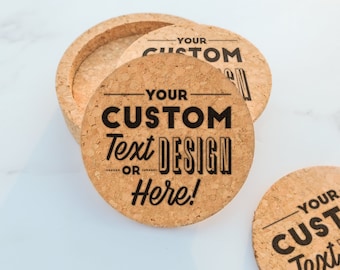 Custom Engraved Coaster Set - Set of 4 Engraved Cork Coasters + Holder, Custom Logo, Personalized Text, Branded Coasters, Design: CUSTOM