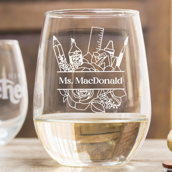Personalized Teacher Wine Glass | Etched Stemless Wine Glass | Floral Art Teacher Glass | Gifts For Teacher Appreciation, Design: TEACHER2