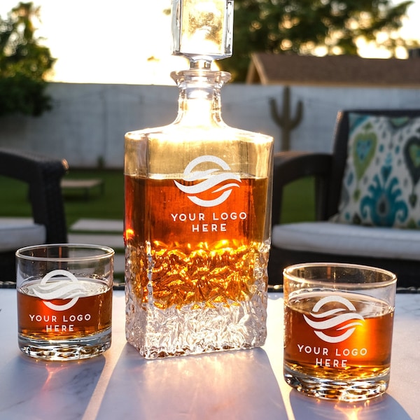 Custom Logo Decanter Set - Laser Etched Whiskey Decanter & Glasses, Company Logo Gifts, Client Gifts, Employee Gifts, Design: LOGO