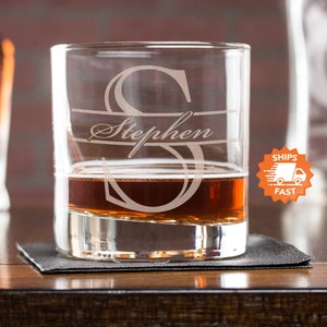 Personalized Old Fashioned Glasses - Personalized & Etched Whiskey Glass, Monogrammed Glass for Him, Design: M3
