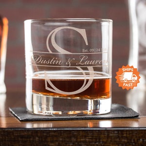 Personalized Whiskey Glass - Custom Wedding Gifts, Etched Cocktail Glasses for Groom & Bride, Add Your Names and Initial, Design: K3