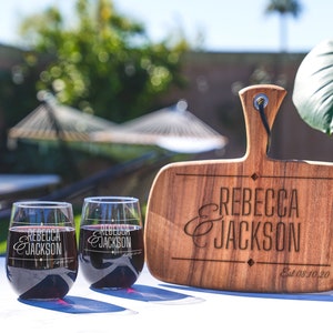 2 Wine Glasses & Engraved Cheese Board Gift Set - Personalized Romantic Couples Anniversary or Wedding Gift, Design: N2