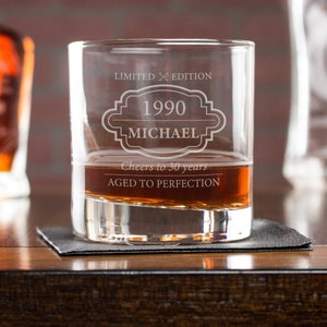 Birthday Whiskey Glass For Him - Personalized Whiskey Glasses Etched with Name & Date, Rocks Glass, Design: BDAY3
