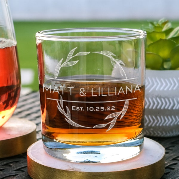 Personalized Whiskey Glass - Relationship Lowball Glasses w/ Vine Border, Etched Cocktail Glasses, Custom Wedding Gifts, Design: N8