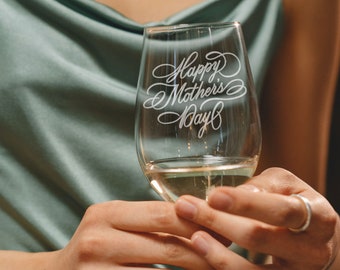 Happy Mother's Day Wine Glass - Add Custom Text to Back, Etched Wine Glass for Mom, Personalized Mother's Day Gift, Design: MD15