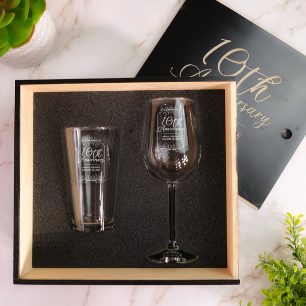 Personalized Anniversary Wine and Beer Set for a Couple - Engraved Wine and Pint Glass Set w/ Optional Box, Milestone Gifts, Design: A1
