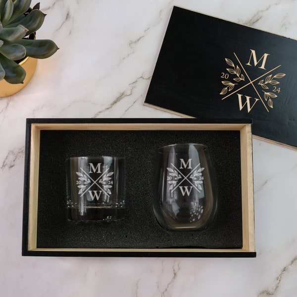 Personalized Wine & Whiskey Gift Set - Custom Gift for Couples | His and Hers Glasses | Engagement Gift Set | Wedding Glass Set, Design: N12