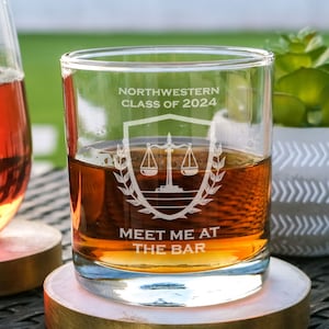 Personalized Law School Whiskey Glass - Graduation Gift for Lawyers, Bar Exam Gift, Etched Cocktail Glass, Design: LAW1