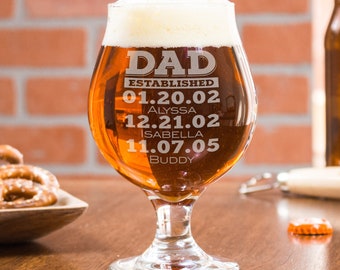 Stemmed Beer Glass For Dad - Personalized With up to 3 Kids Names, Etched Tulip Glass, Christmas Gift for Dad from Kids, Design: DADEST