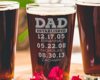 Personalized Gift for Dad - Etched Beer Glass for Dad with Kids Names, Gift from Daughter, from Wife & Kids, Dad Established, Design: DADEST