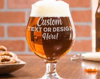 Custom Beer Tulip Glass- Personalized and Engraved Stemmed Beer Glass, Add Your Text, Design, or Logo, Bulk Price Available, Design: CUSTOM