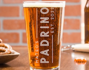 Personalized Godfather Beer Glass, Padrino Pint Glass, Godparent Proposal Gift, Baptism Gift, Padrinos Gift, Design: GDPA2