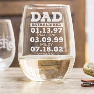 Personalized Stemless Wine Glass for Dad Etched Wine Glass with Kids / Grandkids Names and Birthdays, Design: DADEST image 1