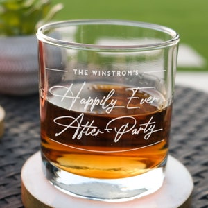 Personalized Whiskey Glasses for Wedding Happily Ever After Party Etched Glass, Cocktail Glass for Wedding Reception, Design: WG7 image 1