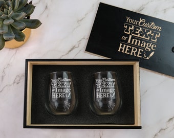 Custom Wine Glasses Gift Set | Engraved Gift Box | Custom Message Glasses | Personalized Gifts for Her or Him | Unique Gifts, Design: CUSTOM