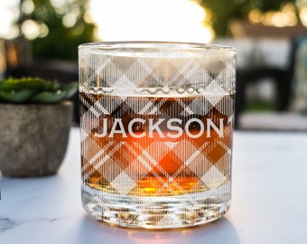 Personalized Holiday Whiskey Glass - Plaid Cocktail Glass | Christmas Gifts | Eggnog Glass | Gifts for Men, Design: PLAID