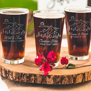 Personalized Glass with Mountains - Custom Text, Mountain Themed Etched Beer Glass, Gifts for Nature Lovers, Gifts for Couples, Design: OD1