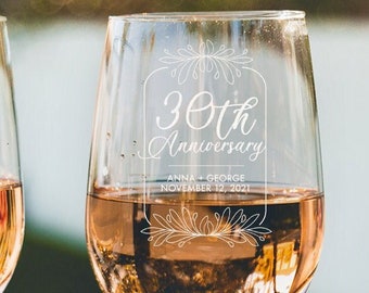 30th Wedding Anniversary Personalized Wine Glasses - Etched Glassware, 30 Year Wedding Anniversary Gifts, Design: A1