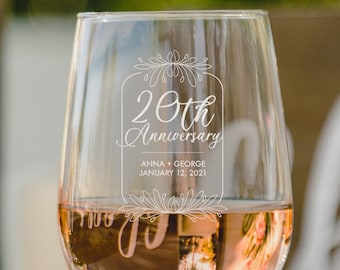 20 Year Wedding Anniversary Wine Glasses - Personalized Etched Glassware for Couples, Anniversary Gifts, Design: A1