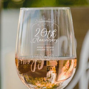 20 Year Wedding Anniversary Wine Glasses - Personalized Etched Glassware for Couples, Anniversary Gifts, Design: A1