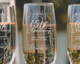 15th Anniversary Champagne Flutes - Etched Personalized Glasses for Couples, Anniversary Gifts, 15 Years Married, Design: A1