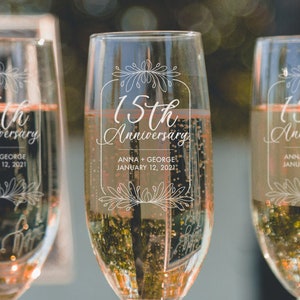 15th Anniversary Champagne Flutes - Etched Personalized Glasses for Couples, Anniversary Gifts, 15 Years Married, Design: A1