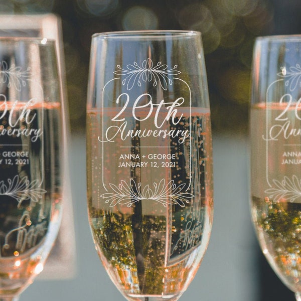 20th Anniversary Champagne Flutes - Etched Champagne Glasses for 20 Year Anniversary, Personalized Anniversary Gifts, Design: A1