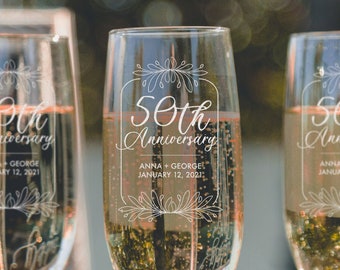 50th Anniversary Champagne Flutes - Personalized Toasting Glasses for Anniversary, Custom Anniversary Gift, Design: A1