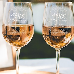 4Anniversary Custom Wine Glass Set, 40th or Any Year, Etched Red and White Glasses, Personalized Bar Glassware for Celebrations, Design: A1