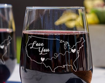 Long Distance Wine Glass - Etched Home State Gift, Stemless Wine Glasses, Best Friend Wine Glass, Design: HOME2