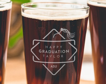 Personalized Graduation Gift - College Graduation Gifts fot Him or Her, Etched Pint Glasses for Graduate, Design: GRAD1