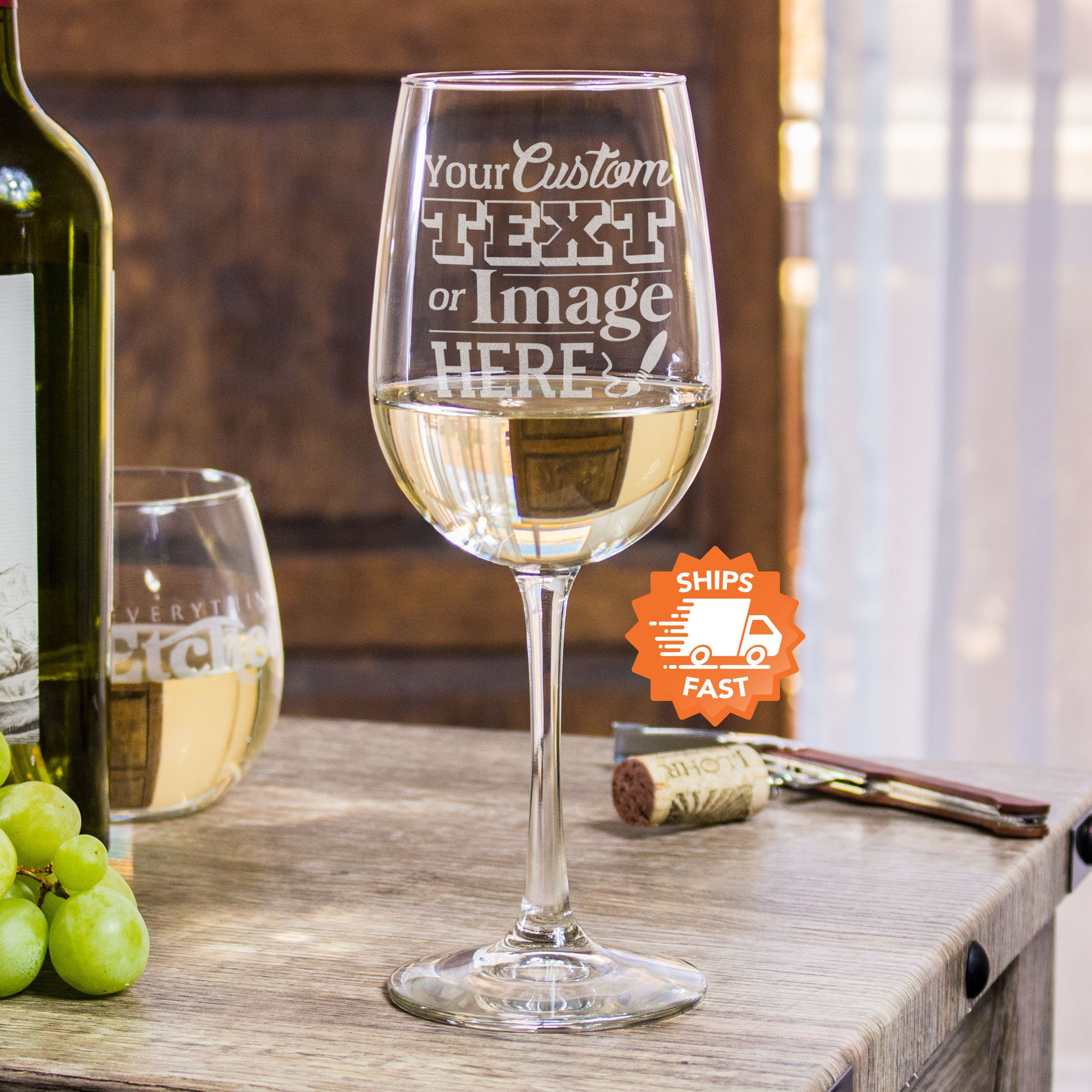 Personalized Laser-Etched Wine Glass w/ Party Fun Graphic